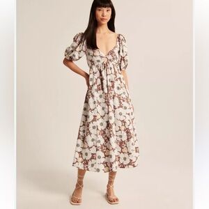 Abercrombie & Fitch Floral O-Ring Puff Sleeve Midi Dress